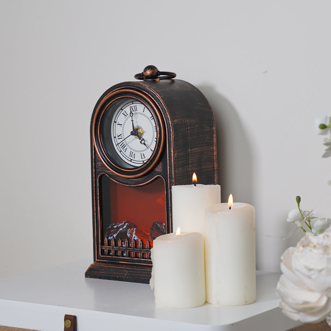 مدفأة ديكور كلاسيكية بساعة وإضاءة حطب