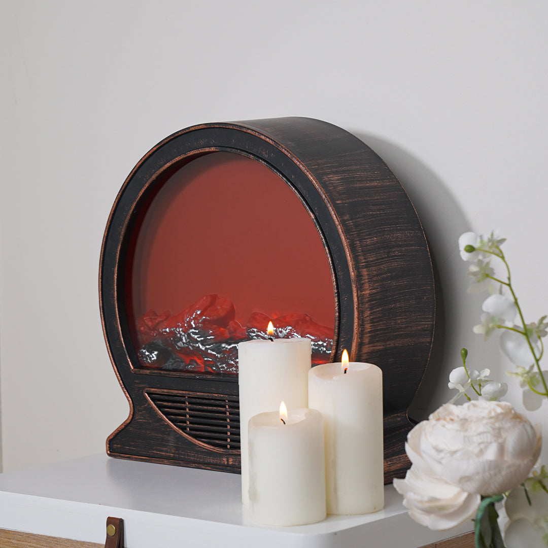 مدفأة قلو مدوّرة بإضاءة ديكورية تضيف وهجًا جماليًا للمكان