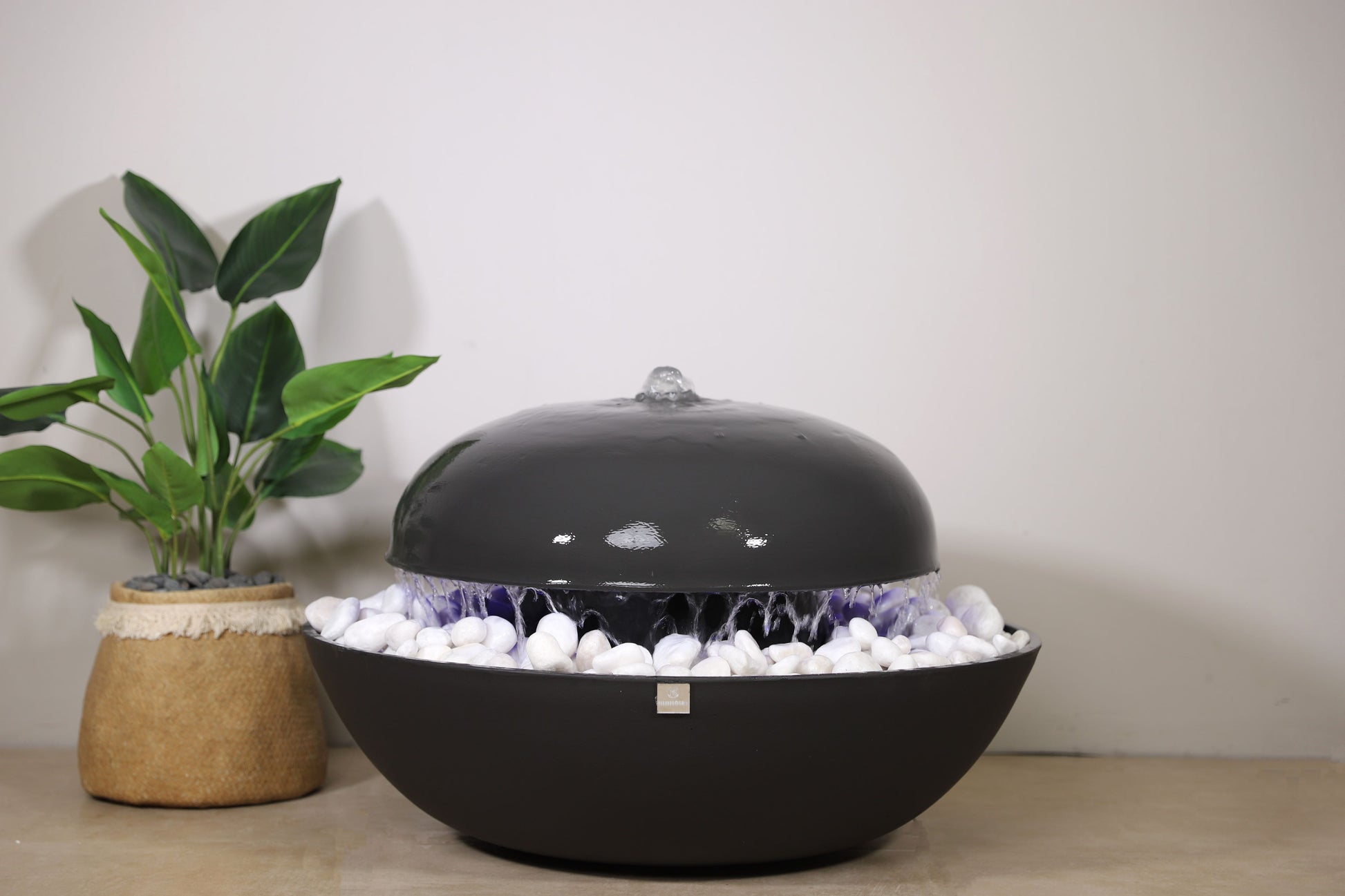 نافورة سوداء مستديرة مزوّدة بإضاءة مدمجة، ومزخرفة بأحجار، موضوعة بجانب نبتة مزروعة في الأصيص.