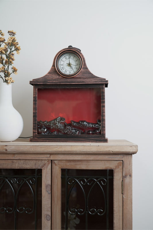 مدفأة ديكور بساعة كلاسيكية ولهب شكلي