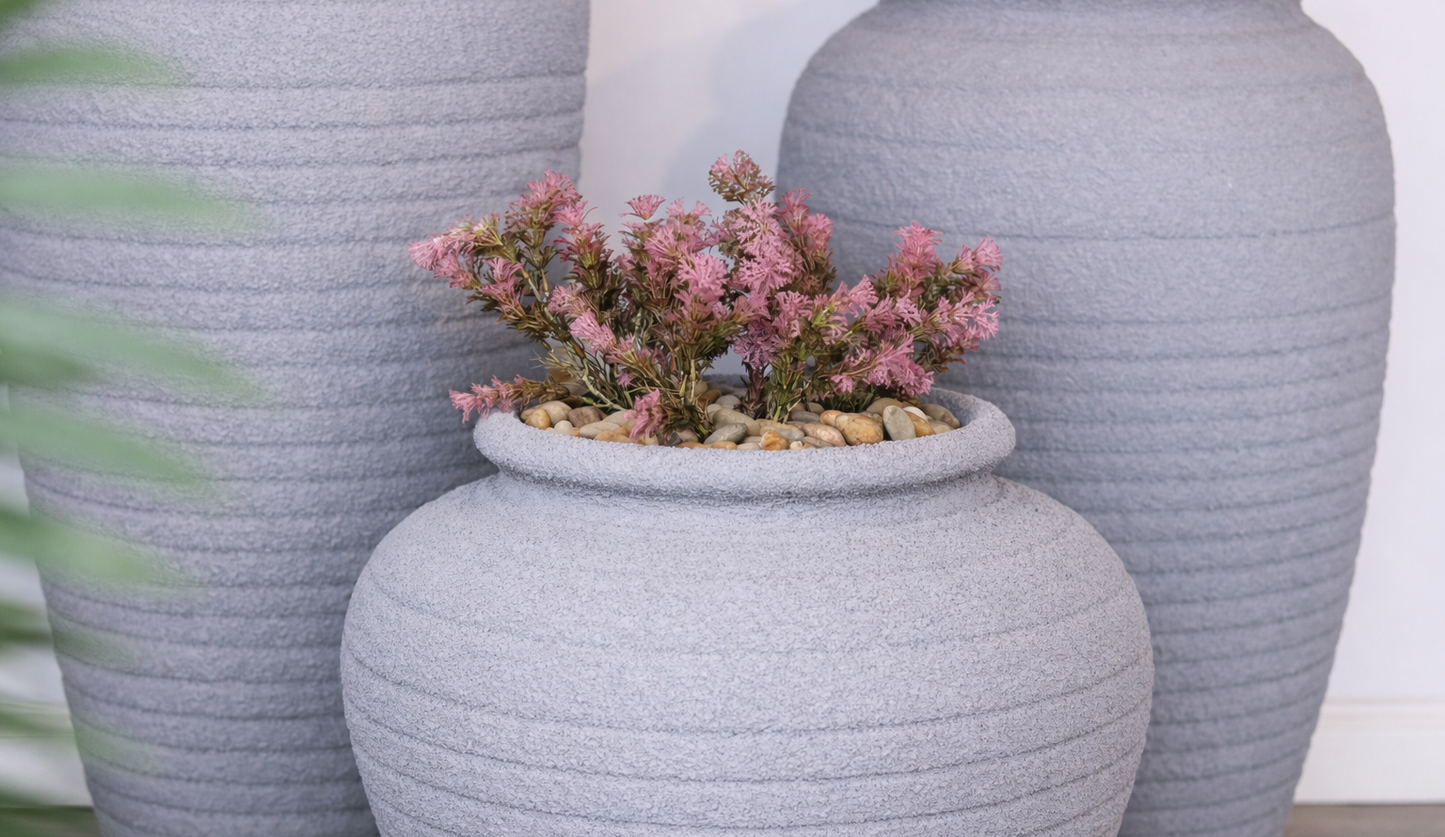 باقة ميست فازات خارجية رمادية، مجموعة ديكور حدائق تضم ثلاث فازات زراعة بأحجام مختلفة