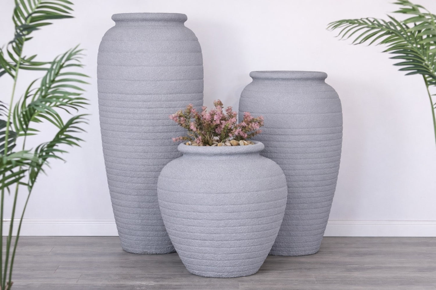 باقة ميست فازات خارجية رمادية، مجموعة ديكور حدائق تضم ثلاث فازات زراعة بأحجام مختلفة