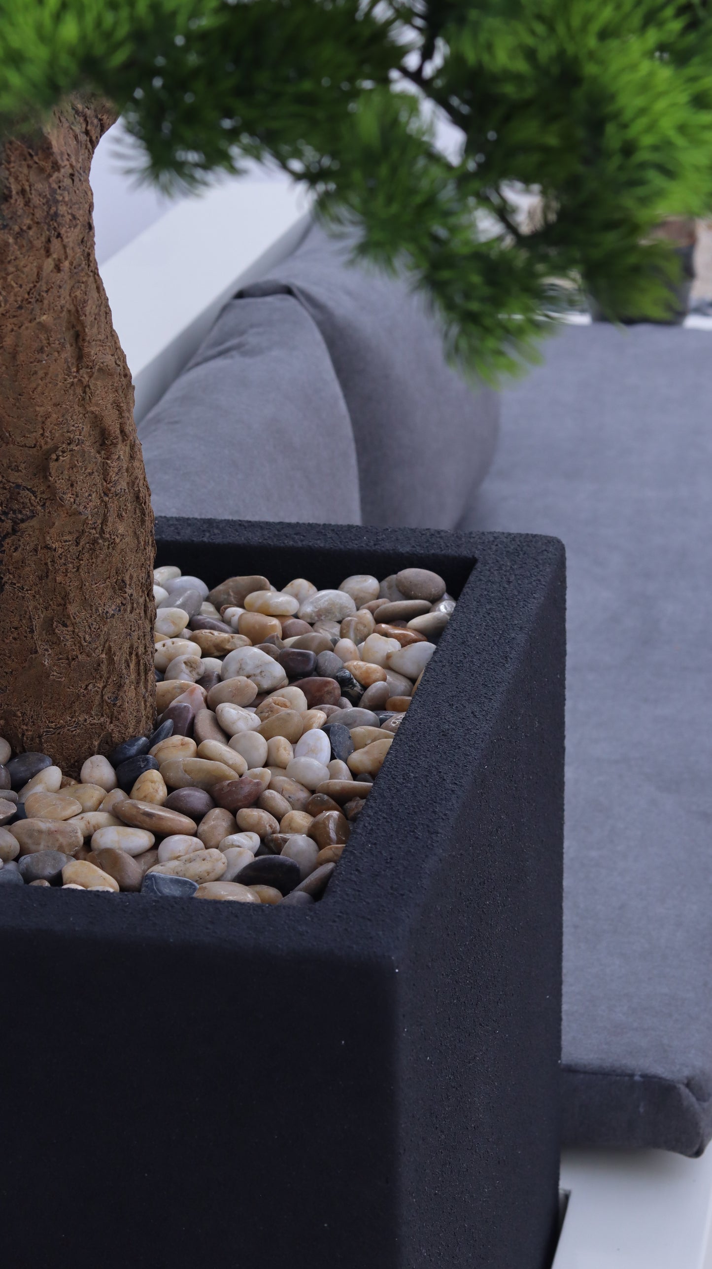 كرسي موري جلسة خارجية بتصميم عصري مع وسائد  ومقعد مدمج بجانب حوض زراعة يحتوي على شجرة بونساي.